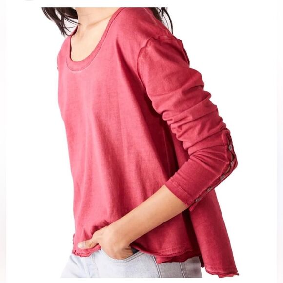 WE THE FREE Oversized Cropped Long Sleeve Shirt Red Size Medium - Picture 1 of 7